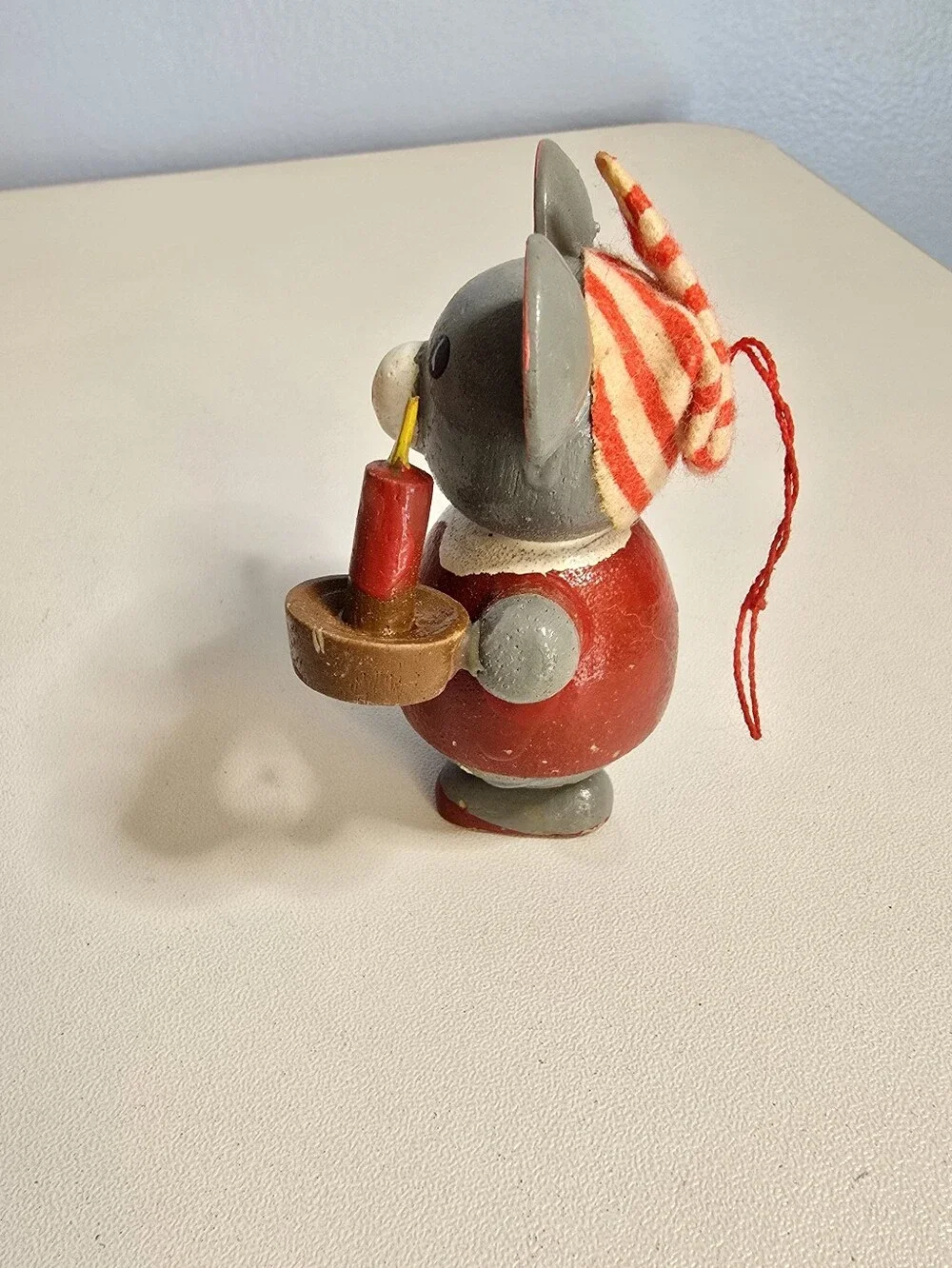 Vintage Gray Mouse in Pj's with Candle Wooden Christmas Ornament READ